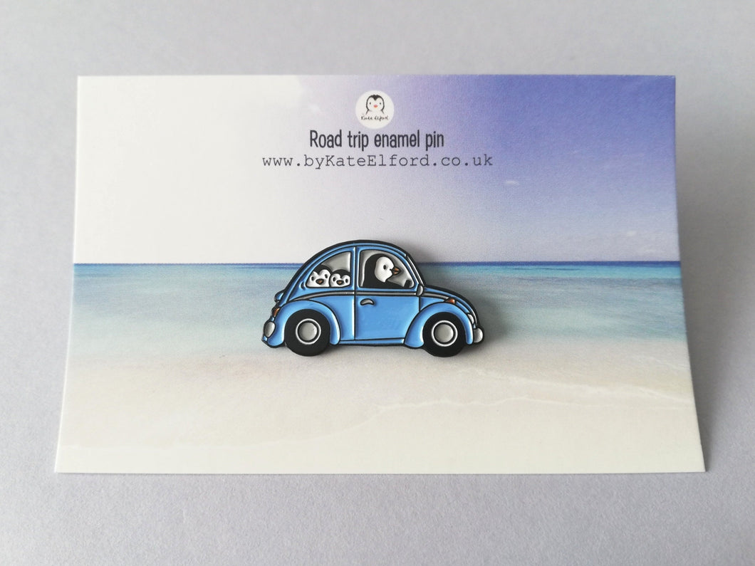 Penguin beetle enamel pin, Wilf on a road trip, little penguin badge, cute car pins, soft enamel brooch pins, blue or red enamel badges