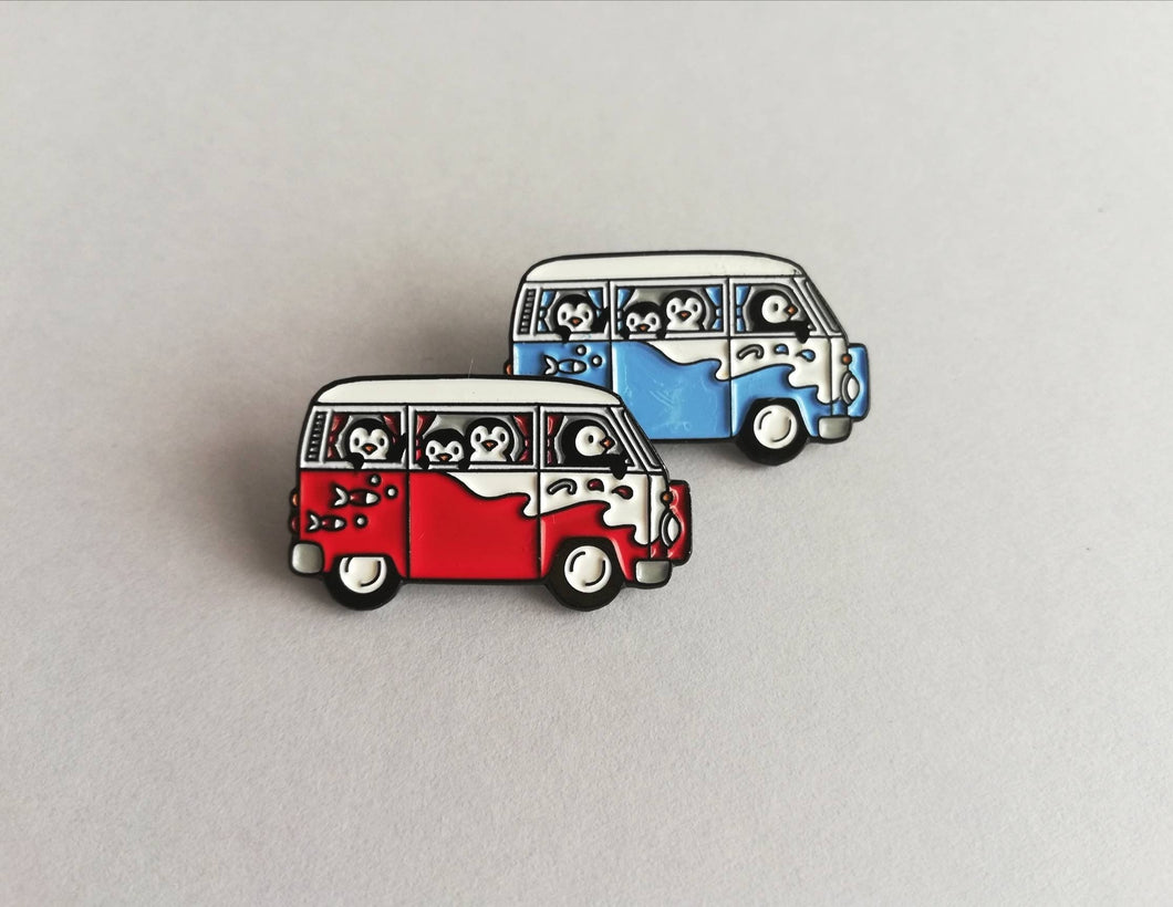 Seconds - Penguin campervan enamel pin, penguin badge, cute little camper pins