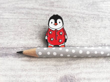 Load image into Gallery viewer, Seconds - Penguin enamel pin, life is better in pyjamas. Pink, blue or red pin
