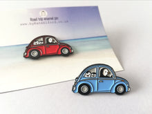 Load image into Gallery viewer, Penguin beetle enamel pin, Wilf on a road trip, little penguin badge, cute car pins, soft enamel brooch pins, blue or red enamel badges
