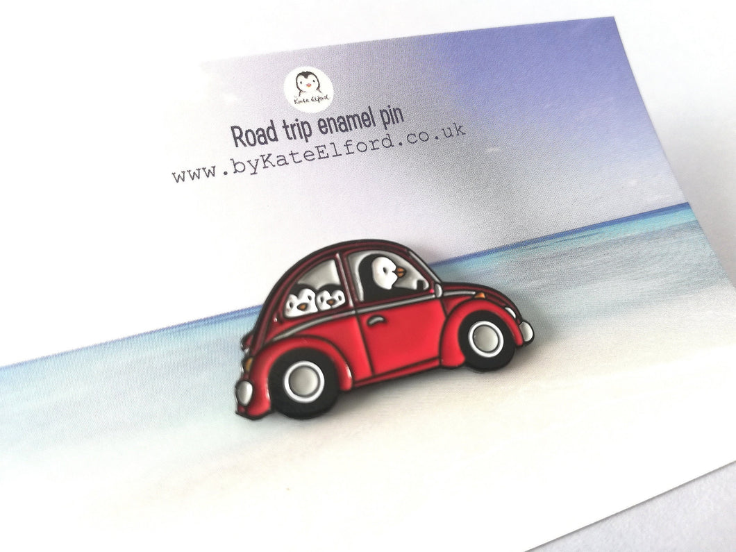 Penguin beetle enamel pin, Wilf on a road trip, little penguin badge, cute car pins, soft enamel brooch pins, blue or red enamel badges