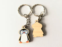 Load image into Gallery viewer, Penguin in glasses keyring, mini wooden key fob, penguin key chain, eco friendly charm, responsibly resourced wood
