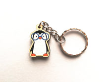 Load image into Gallery viewer, Penguin in glasses keyring, mini wooden key fob, penguin key chain, eco friendly charm, responsibly resourced wood
