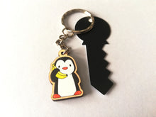 Load image into Gallery viewer, Tiny penguin keyring, mini penguin wooden key fob, ethically sourced wood, penguin key chain, bag charm
