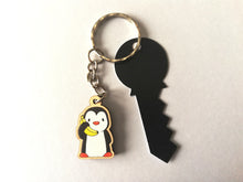 Load image into Gallery viewer, Tiny penguin keyring, mini penguin wooden key fob, ethically sourced wood, penguin key chain, bag charm
