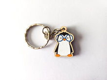 Load image into Gallery viewer, Penguin in glasses keyring, mini wooden key fob, penguin key chain, eco friendly charm, responsibly resourced wood
