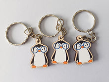 Load image into Gallery viewer, Penguin in glasses keyring, mini wooden key fob, penguin key chain, eco friendly charm, responsibly resourced wood
