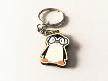 Load image into Gallery viewer, Penguin in glasses keyring, mini wooden key fob, penguin key chain, eco friendly charm, responsibly resourced wood
