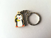 Load image into Gallery viewer, Tiny penguin keyring, mini penguin wooden key fob, ethically sourced wood, penguin key chain, bag charm
