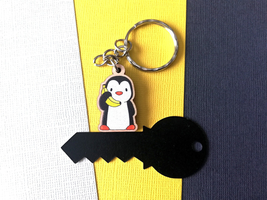 Tiny penguin keyring, mini penguin wooden key fob, ethically sourced wood, penguin key chain, bag charm