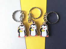 Load image into Gallery viewer, Tiny penguin keyring, mini penguin wooden key fob, ethically sourced wood, penguin key chain, bag charm
