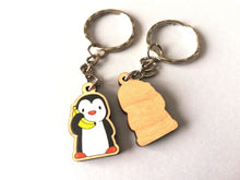 Load image into Gallery viewer, Tiny penguin keyring, mini penguin wooden key fob, ethically sourced wood, penguin key chain, bag charm
