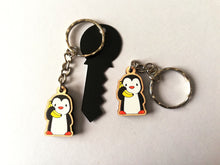 Load image into Gallery viewer, Tiny penguin keyring, mini penguin wooden key fob, ethically sourced wood, penguin key chain, bag charm
