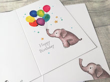 Load image into Gallery viewer, Elephant birthday card. Happy birthday. Cute elephant and balloon birthday card
