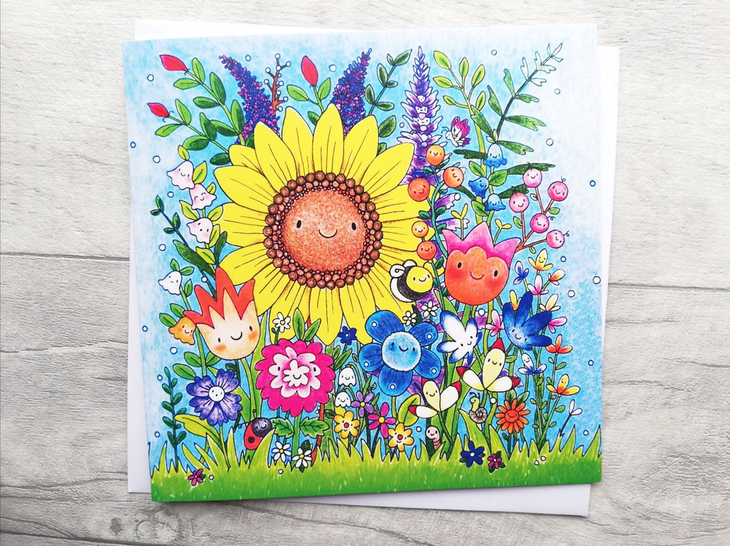 Happy flower card, blank for any occasion, happy birthday, thank you, just to say. Flower garden