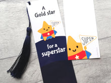 Load image into Gallery viewer, Gold star for a superstar bookmark, cute positive gift, thank you, teacher gift, congratulations
