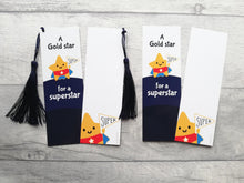 Load image into Gallery viewer, Gold star for a superstar bookmark, cute positive gift, thank you, teacher gift, congratulations
