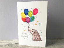 Load image into Gallery viewer, Elephant birthday card. Happy birthday. Cute elephant and balloon birthday card
