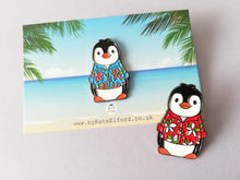 Load image into Gallery viewer, Penguin Hawian shirt enamel pin, summer penguin brooch. Boo the penguin, beach pin, floral shirt
