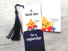 Load image into Gallery viewer, Gold star for a superstar bookmark, cute positive gift, thank you, teacher gift, congratulations
