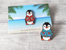 Load image into Gallery viewer, Penguin Hawian shirt enamel pin, summer penguin brooch. Boo the penguin, beach pin, floral shirt
