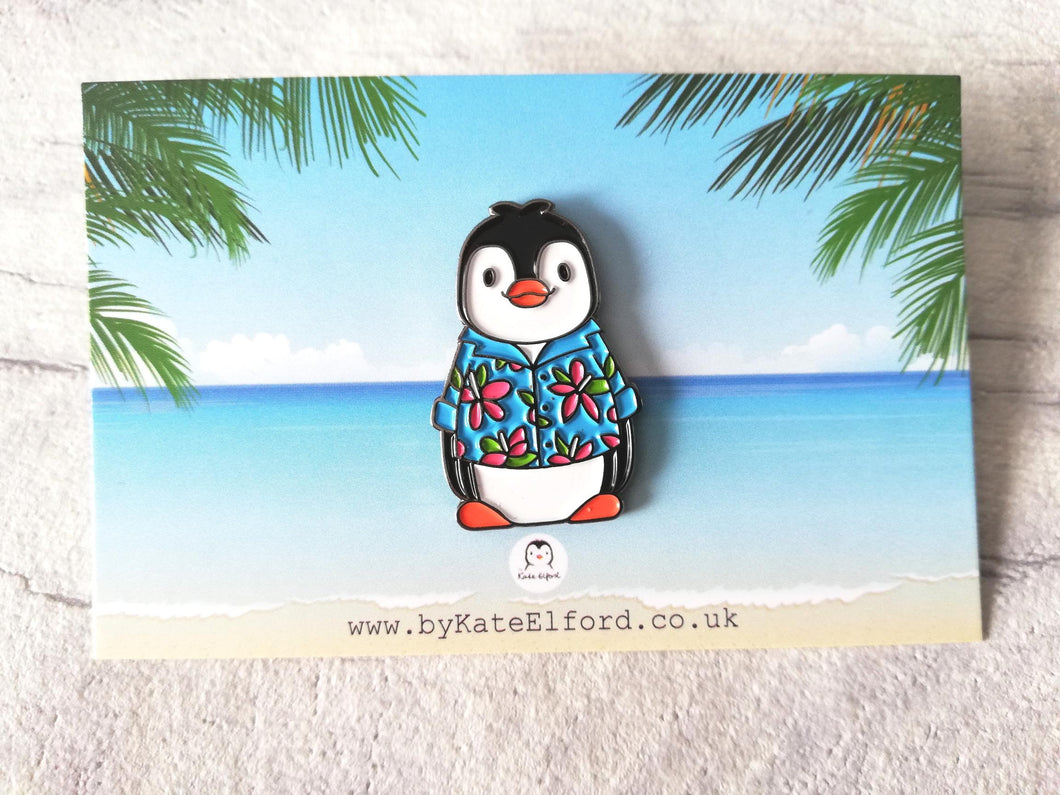 Penguin Hawian shirt enamel pin, summer penguin brooch. Boo the penguin, beach pin, floral shirt