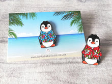 Load image into Gallery viewer, Penguin Hawian shirt enamel pin, summer penguin brooch. Boo the penguin, beach pin, floral shirt
