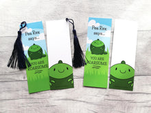 Load image into Gallery viewer, Pea bookmark, you are roarsome, page marker, dinosaur gift, book lover, optional tassel
