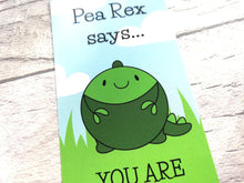 Load image into Gallery viewer, Pea bookmark, you are roarsome, page marker, dinosaur gift, book lover, optional tassel
