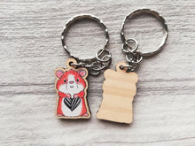 Load image into Gallery viewer, Tiny hamster keyring, mini ginger or grey wooden key fob, sunflower seed heart, eco friendly wood, key chain
