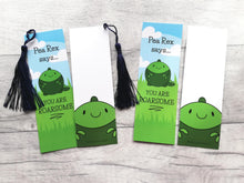 Load image into Gallery viewer, Pea bookmark, you are roarsome, page marker, dinosaur gift, book lover, optional tassel
