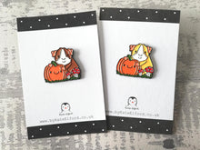 Load image into Gallery viewer, Guinea pig and pumpkin enamel pin, autumn pin, Halloween guinea pig enamel pins
