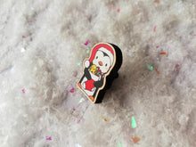 Load image into Gallery viewer, Christmas penguin wooden pin brooch, Cute little penguin badge, holding a Christmas stocking, eco friendly wood
