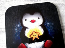 Load image into Gallery viewer, Penguin and happy glowing star at night. Square glossy small coaster
