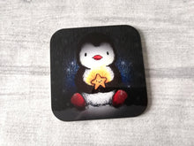 Load image into Gallery viewer, Penguin and happy glowing star at night. Square glossy small coaster
