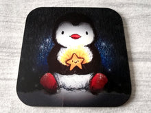 Load image into Gallery viewer, Penguin and happy glowing star at night. Square glossy small coaster
