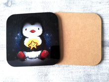 Load image into Gallery viewer, Penguin and happy glowing star at night. Square glossy small coaster
