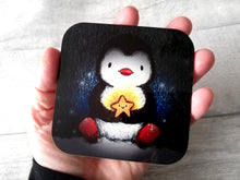 Load image into Gallery viewer, Penguin and happy glowing star at night. Square glossy small coaster
