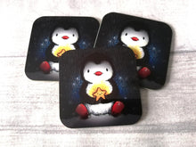 Load image into Gallery viewer, Penguin and happy glowing star at night. Square glossy small coaster
