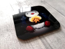 Load image into Gallery viewer, Penguin and happy glowing star at night. Square glossy small coaster
