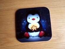 Load image into Gallery viewer, Penguin and happy glowing star at night. Square glossy small coaster
