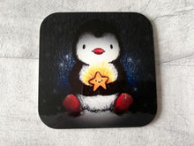 Load image into Gallery viewer, Penguin and happy glowing star at night. Square glossy small coaster
