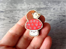 Load image into Gallery viewer, Small wooden hedgehog and toadstool magnet - Wooden fridge magnet - Ethically sourced wood - Small hedgehog magnet - Unique fridge decor
