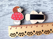 Load image into Gallery viewer, Small wooden hedgehog and toadstool magnet - Wooden fridge magnet - Ethically sourced wood - Small hedgehog magnet - Unique fridge decor
