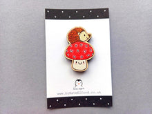 Load image into Gallery viewer, Small wooden hedgehog and toadstool magnet - Wooden fridge magnet - Ethically sourced wood - Small hedgehog magnet - Unique fridge decor
