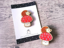 Load image into Gallery viewer, Small wooden hedgehog and toadstool magnet - Wooden fridge magnet - Ethically sourced wood - Small hedgehog magnet - Unique fridge decor
