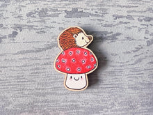 Load image into Gallery viewer, Small wooden hedgehog and toadstool magnet - Wooden fridge magnet - Ethically sourced wood - Small hedgehog magnet - Unique fridge decor
