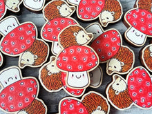 Load image into Gallery viewer, Small wooden hedgehog and toadstool magnet - Wooden fridge magnet - Ethically sourced wood - Small hedgehog magnet - Unique fridge decor
