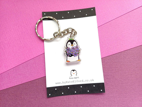 Penguin and flowers mini recycled acrylic keyring