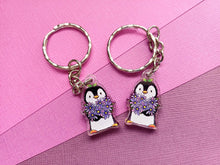 Load image into Gallery viewer, Penguin and flowers mini recycled acrylic keyring
